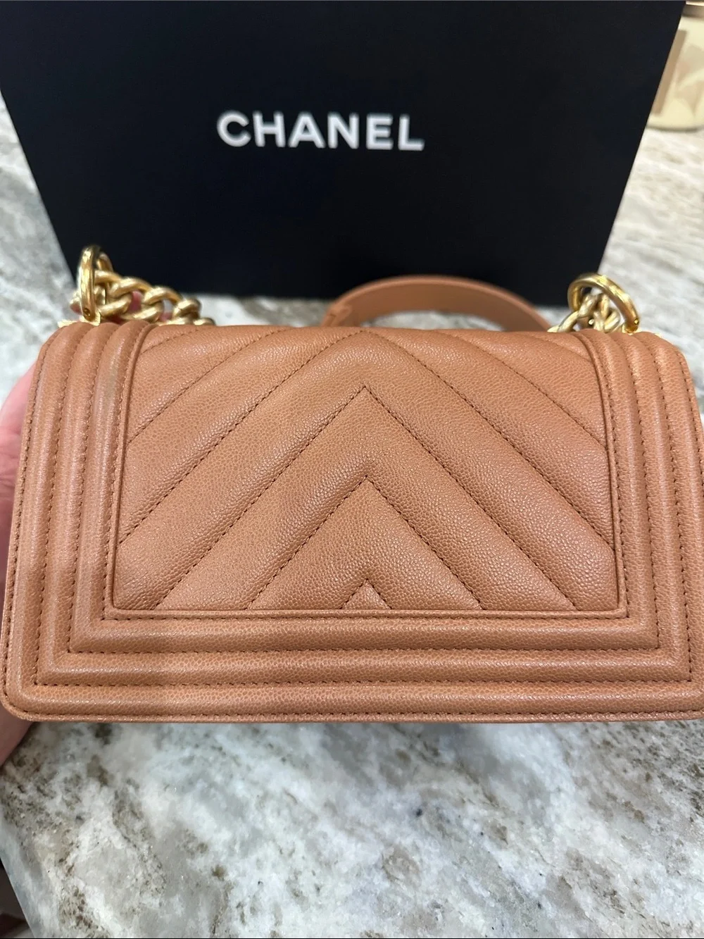 CHANEL Chevron Quilted Boy Flap Bag with Gold Hardware small Tan